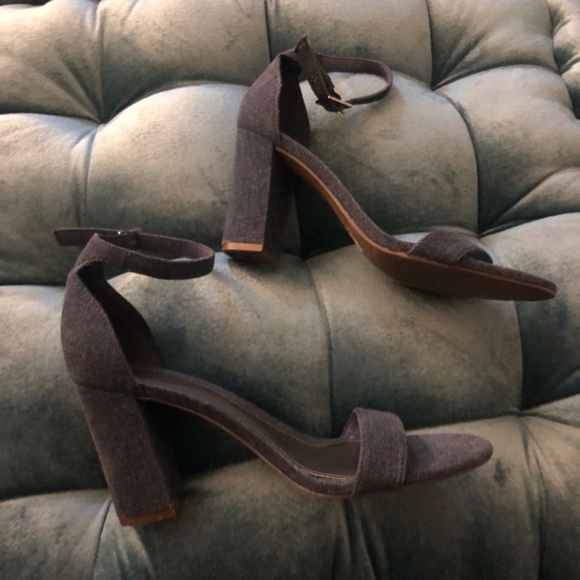 Denim Block Heel Sandal Ankle Strap Shoes - Picture 2 of 4